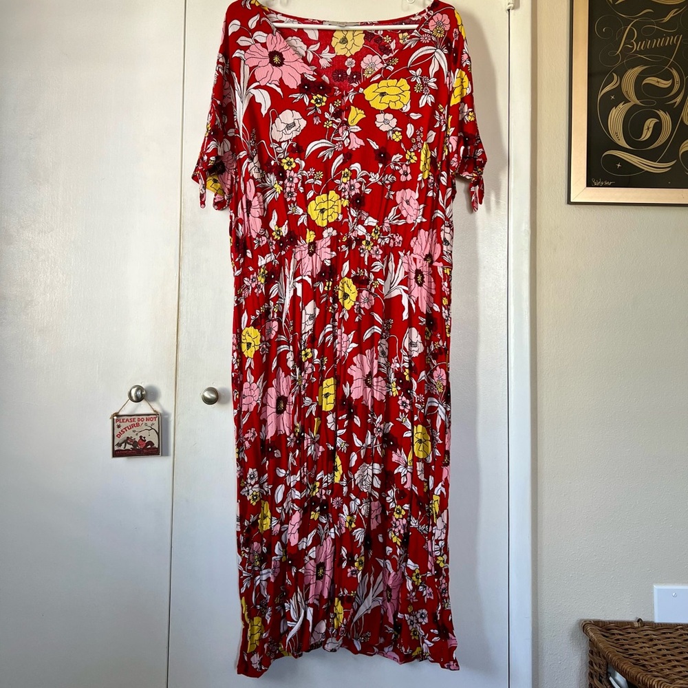 LOFT Red Floral Midi Dress